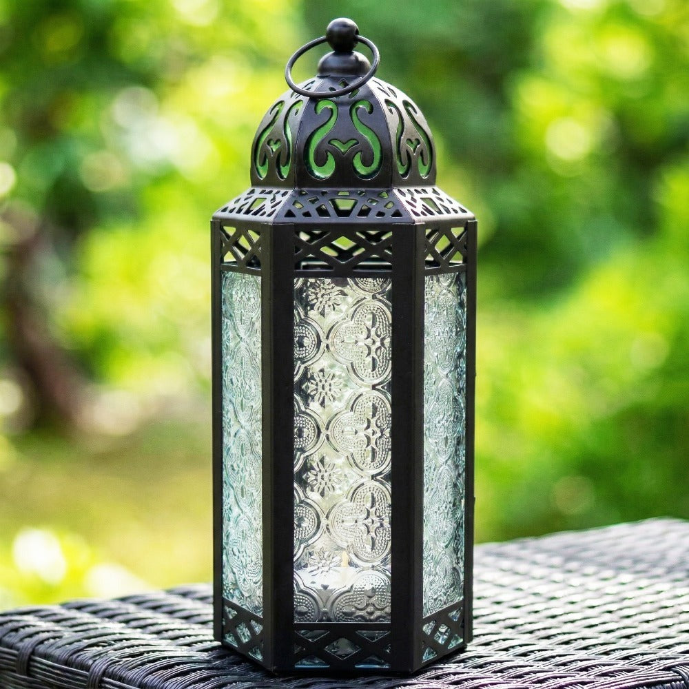 Moroccan Candle Lantern Holder - Decorative Metal & Glass Lantern with Embossed Floral Design for Indoor Home Decor, Garden, Patio, Weddings, Ramadan, Halloween & Holiday Celebrations - 10.5" Tall Medium Size