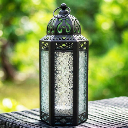 Moroccan Candle Lantern Holder - Decorative Metal & Glass Lantern with Embossed Floral Design for Indoor Home Decor, Garden, Patio, Weddings, Ramadan, Halloween & Holiday Celebrations - 10.5" Tall Medium Size