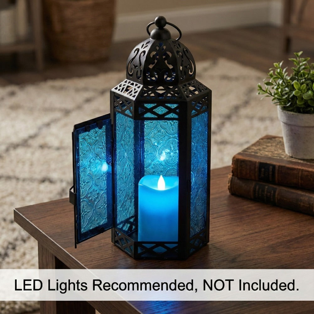 Moroccan Candle Lantern Holder - Decorative Metal & Glass Lantern with Embossed Floral Design for Indoor Home Decor, Garden, Patio, Weddings, Ramadan, Halloween & Holiday Celebrations - 10.5" Tall Medium Size