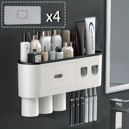 Wall Mounted Toothbrush Holder with Automatic Toothpaste Dispenser - 3 Cups Bathroom Organizer, Space-Saving Toothbrush Cup Holder for Family, Black & Gray