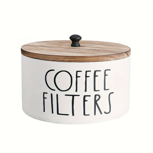 Wooden Coffee Filter Holder with Lid | Rustic Farmhouse Coffee Filter Storage Container | Solid Wood Coffee Bar Organizer for Countertop | Vintage Style Decorative Coffee Accessory Box Black & White