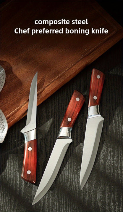 Kitchen Knife Set 3-Piece Hand Forged Stainless Steel Chef Knives with Boning Fillet & Carving Blades – Professional Butcher Set for Meat Cutting BBQ Father's Day Gift