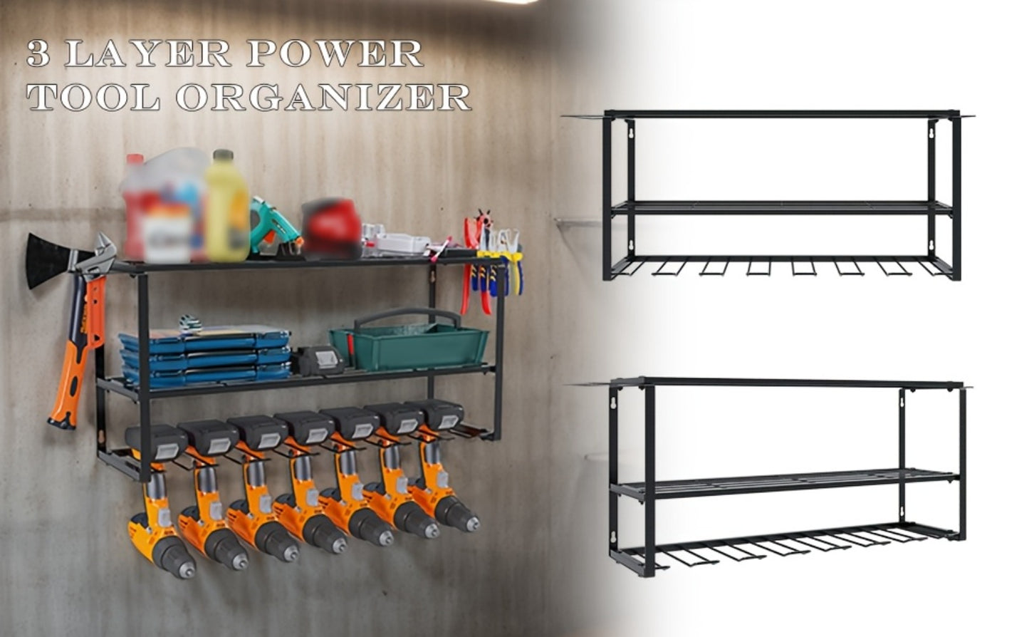 Wall Mount Power Tool Storage Rack, Heavy-Duty 150 Lb Steel 3-Tier & 4-Tier Garage Tool Organizer with 7 Bit Holders – Workshop Shed Basement Wall Storage