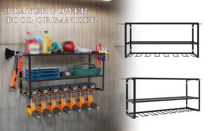 Wall Mount Power Tool Storage Rack, Heavy-Duty 150 Lb Steel 3-Tier & 4-Tier Garage Tool Organizer with 7 Bit Holders – Workshop Shed Basement Wall Storage