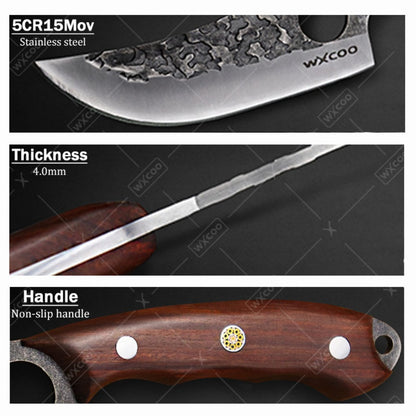 Kitchen Chef Knife Set 3 Piece Stainless Steel - Sharp Boning Knife, Utility Knife & BBQ Knife with Hammered Blade, Wood Handle, Full Tang, Multipurpose Cooking Knives for Meat Vegetables