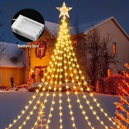 Christmas Tree Waterfall Fairy Lights 200 LED with Star Top Decoration, 8 Lighting Modes — Battery, Solar & USB Powered Indoor Outdoor Colorful Cascading Holiday Light Strip
