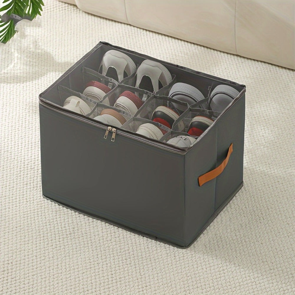 Oxford Fabric Shoe Storage Organizer with Adjustable Dividers, Transparent Lid & Handles – Holds 12 Pairs, Foldable, Zippered Dustproof, 2 or 4 Pack