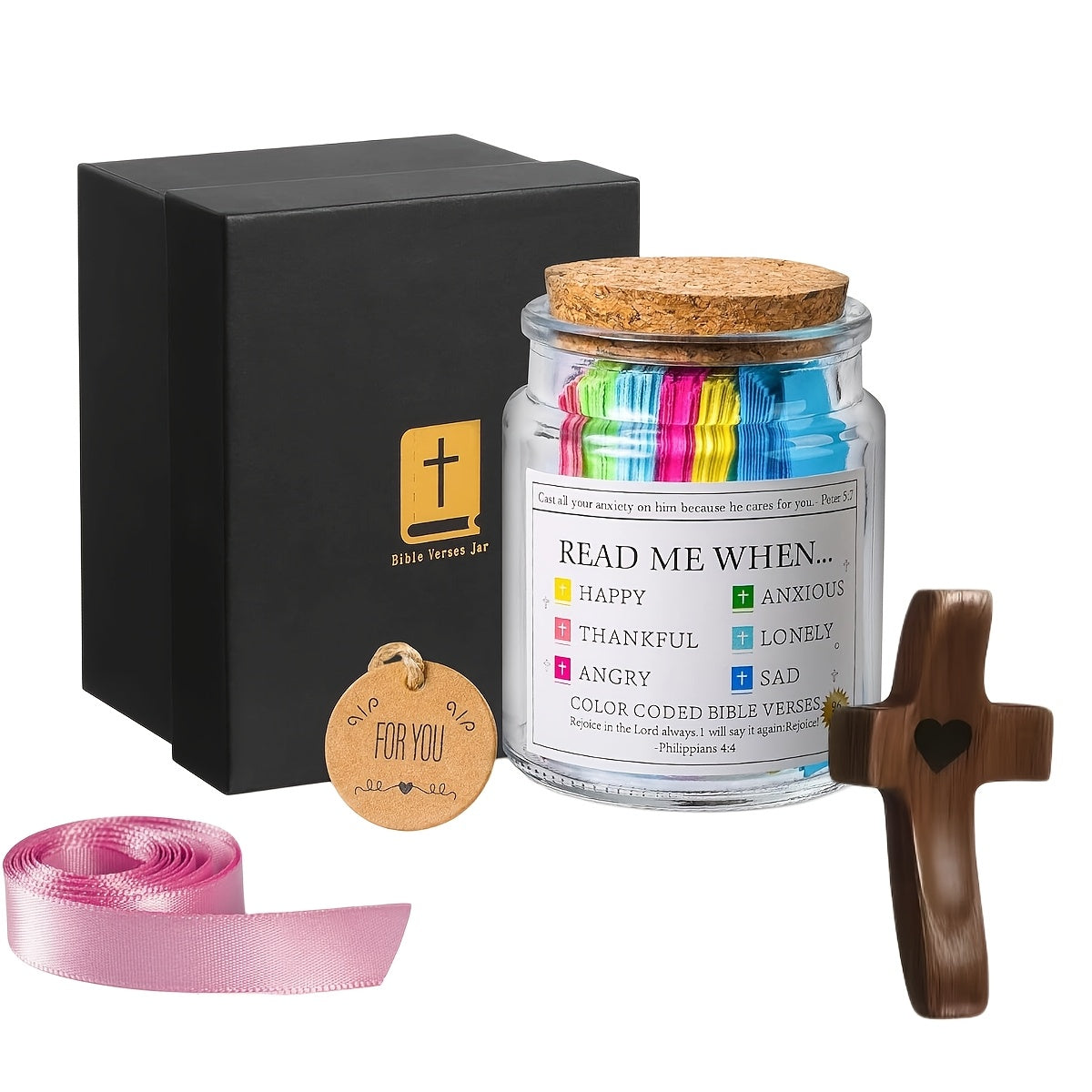 Bible Verse Jar with Handmade Wooden Cross 92 Scripture Cards Christian Gift Set for Women – Easter, Christmas, Birthday, Father’s Day & Graduation