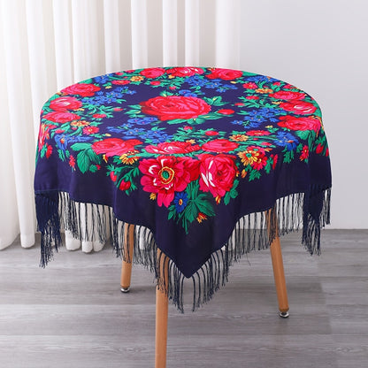 Floral Square Tablecloth with Tassels - Multicolor Flowers, Machine-Washable Polyester, Kitchen & Dining Room Table Cover with Tassel Trim