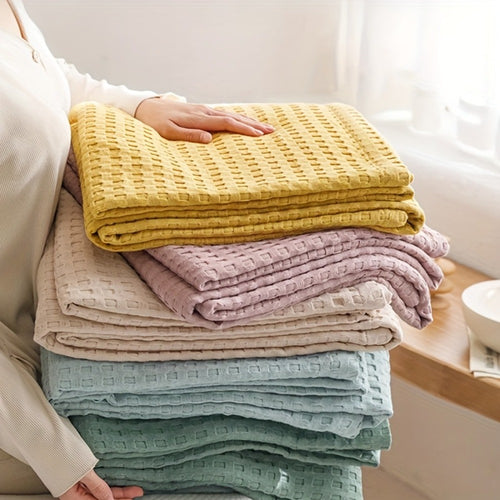 Cotton Waffle Blanket – Pure Cotton Multilayer Summer Cooling Quilt, Jacquard Knit, Machine Washable, Air Conditioning Blanket