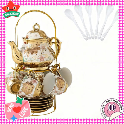 20-Piece Floral Ceramic Tea Set with Saucers & Metal Stand | European Afternoon Tea Service, Blooming Design, Complete Tea Accessories, Gift for Tea Lovers
