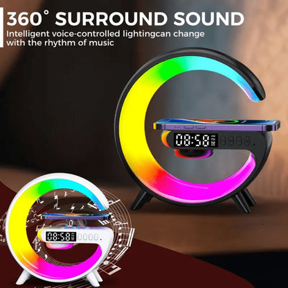 Wireless Charger with RGB Night Light – 4-in-1 Bluetooth Speaker Alarm Clock Wake Up Light, 256 RGB Colors, Qi Fast Charging for iPhone Samsung, Bedside Nightstand Lamp