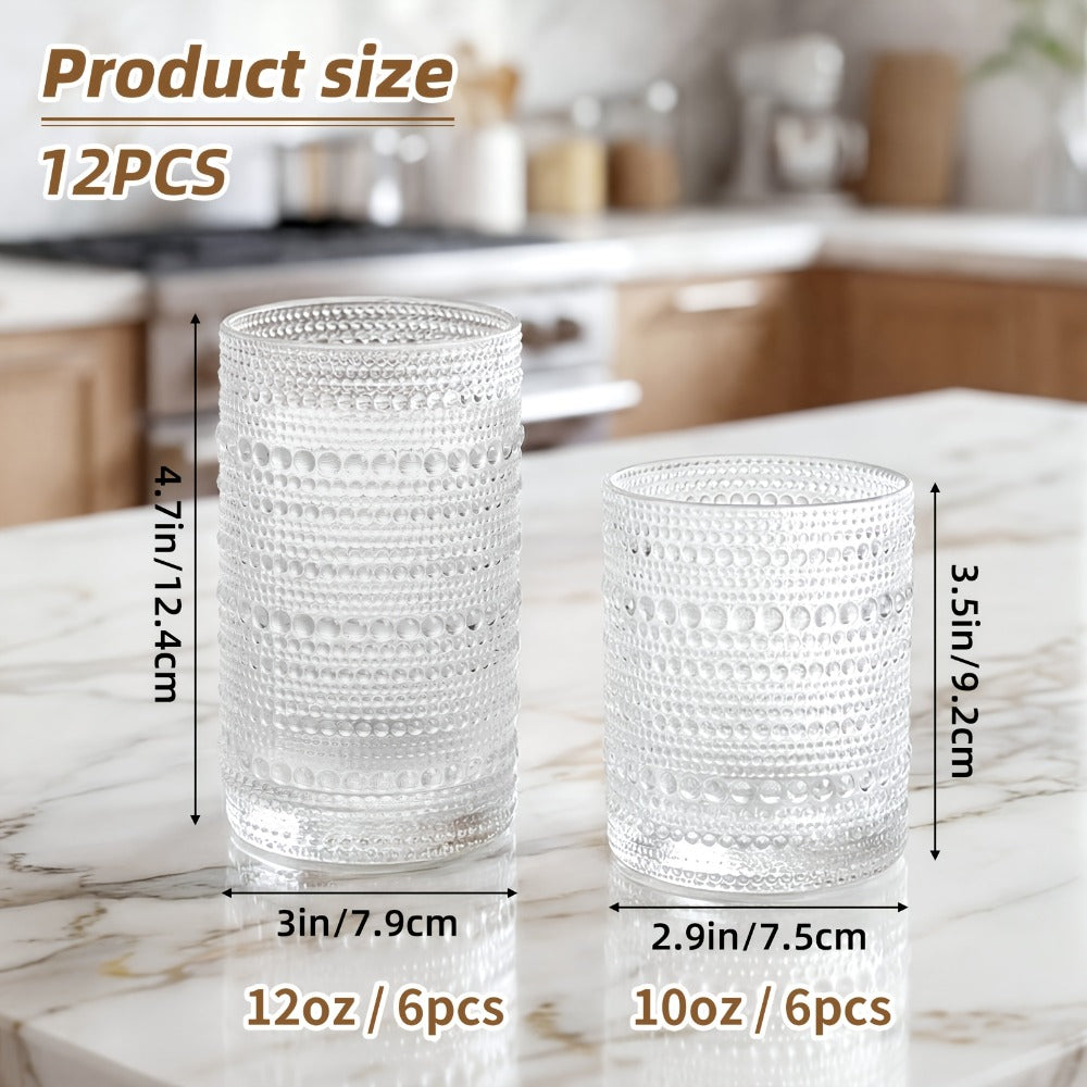 Drinking Glasses Set 12pcs – 12 Oz & 10 Oz Highball Glasses, Clear Embossed Boho Glass Cups for Juice, Coffee & Milk, Kitchen Glassware Gift Set for Christmas