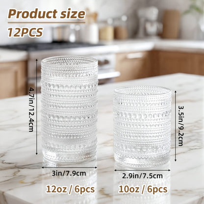 Drinking Glasses Set 12pcs – 12 Oz & 10 Oz Highball Glasses, Clear Embossed Boho Glass Cups for Juice, Coffee & Milk, Kitchen Glassware Gift Set for Christmas