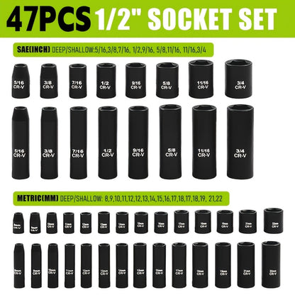 Impact Socket Set – 53-Piece Tool Set, 47-Piece 3/8" Drive & 34-Piece 1/2" Drive, SAE & Metric Sizes, 6-Point CR-V with Ratchet Handle, Extension Rod & Connector for Auto Repair & DIY