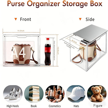 Clear Purse Organizer for Closet – Transparent Acrylic Handbag Display Case with Magnetic Door, Dustproof Stackable Storage Box for Purses, Bags, Collectibles & Cosmetics, Set of 3