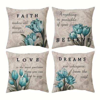Teal Tulip Throw Pillow Covers 4 Pack Floral Farmhouse Decorative Cushion Covers for Sofa Couch Bed Patio Outdoor Living Room 18x18 Inch Zipper Closure Machine Washable