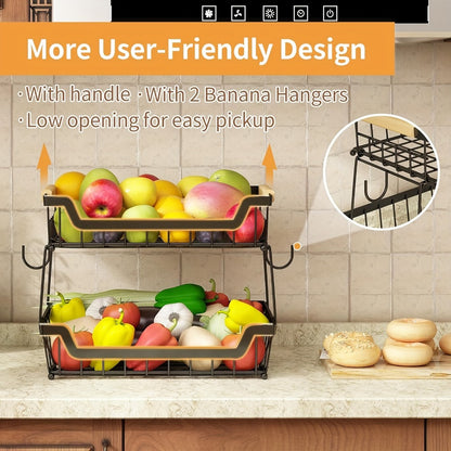 Fruit Basket with Banana Hanger, 2-3 Tier Metal Countertop Organizer with Wooden Handle — Detachable Kitchen Storage Stand for Fruits, Vegetables & Bread | Large Capacity | Black