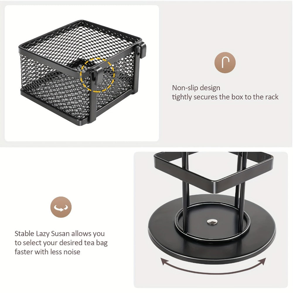 Tea Bag Organizer 360-Degree Spinning Carousel with 8 Compartments – Lazy Susan Tea Bag Holder Display Rack for Kitchen Counter Coffee Bar Home Office – Black