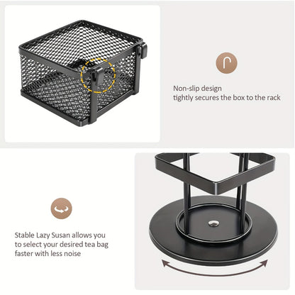 Tea Bag Organizer 360-Degree Spinning Carousel with 8 Compartments – Lazy Susan Tea Bag Holder Display Rack for Kitchen Counter Coffee Bar Home Office – Black