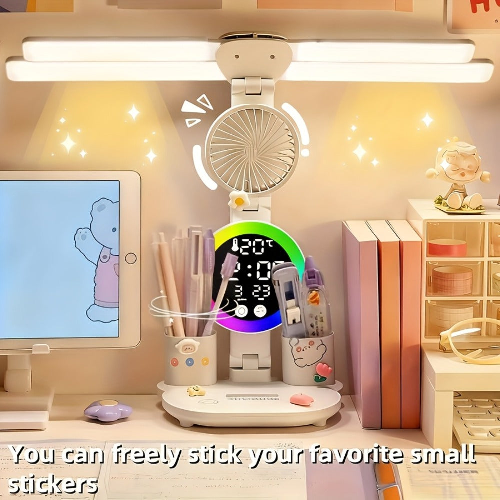 LED Desk Lamp with Built-in Fan & Touch Control | Dual Head Adjustable | USB Charging | 3 Color Modes Dimmable | Smart Display Clock | Eye-Caring Reading Lamp for Home Office Dorm Study