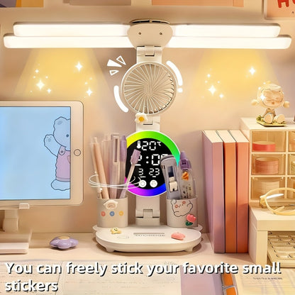LED Desk Lamp with Built-in Fan & Touch Control | Dual Head Adjustable | USB Charging | 3 Color Modes Dimmable | Smart Display Clock | Eye-Caring Reading Lamp for Home Office Dorm Study