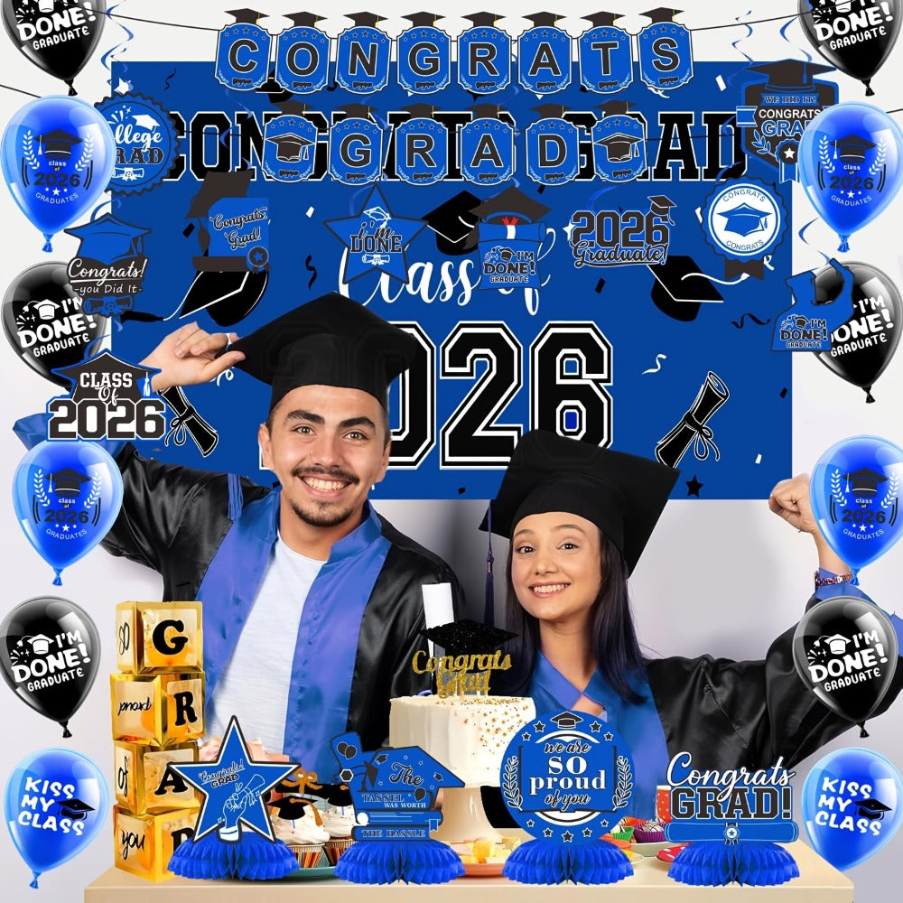 2026 Graduation Decorations Set – Congrats Grad Banner, Backdrop, Hanging Swirls & Honeycomb Table Toppers, Class of 2026 Party Supplies Kit