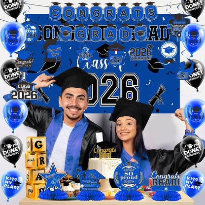 2026 Graduation Decorations Set – Congrats Grad Banner, Backdrop, Hanging Swirls & Honeycomb Table Toppers, Class of 2026 Party Supplies Kit