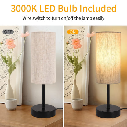Small Bedside Table Lamp Set of 2 – Linen Shade Nightstand Lamp with Cord Switch, 5W LED Bulb Included, Compact Desk Light for Bedroom Living Room Children's Room Office Dorm (Black / Beige Black)