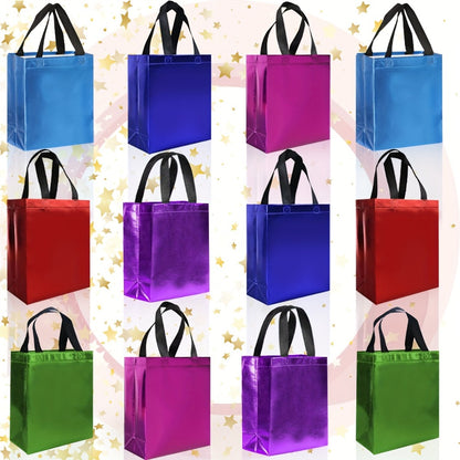 Gift Bags 12 Pack Mixed Colors Glossy Shiny Reusable Gift Bags with Handles for Birthday Party Favor Goodie Bags Wedding Baby Shower 8x10x4 Inch