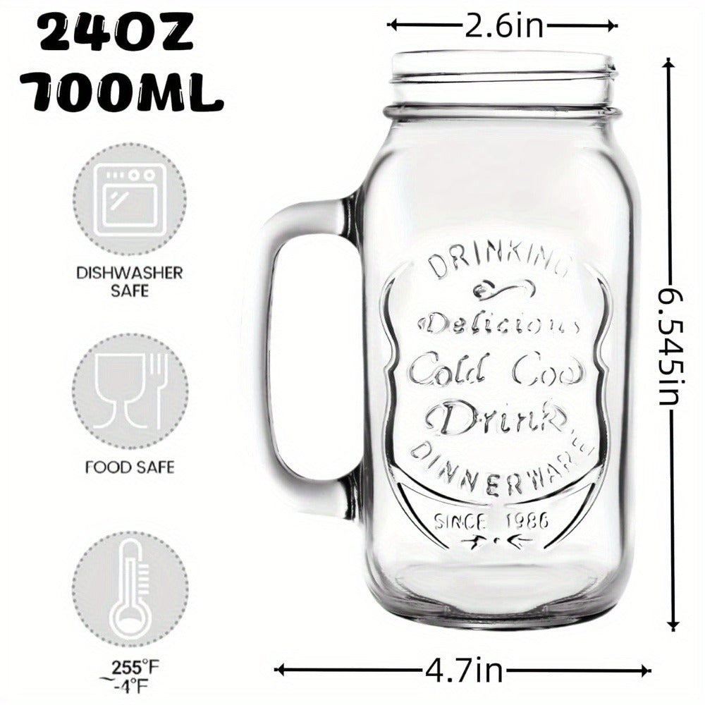 24oz Mason Jar Drinking Glasses with Handle 4 Pack – Party Beverage Cups, Dishwasher Safe Glass Mugs
