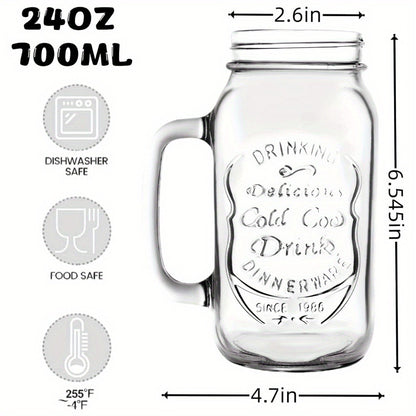 24oz Mason Jar Drinking Glasses with Handle 4 Pack – Party Beverage Cups, Dishwasher Safe Glass Mugs