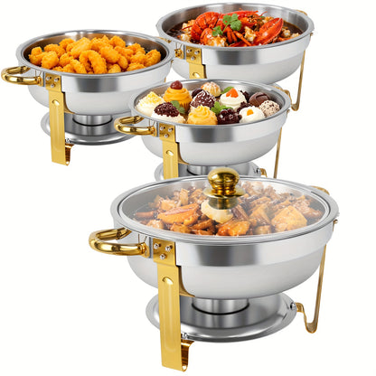 Golden Chafing Dish Buffet Set with Glass Lid 6QT Round Stainless Steel Food Warmer Chafer for Catering Party Dinners Weddings, Titanium Gold Finish, 2 & 4 Pack