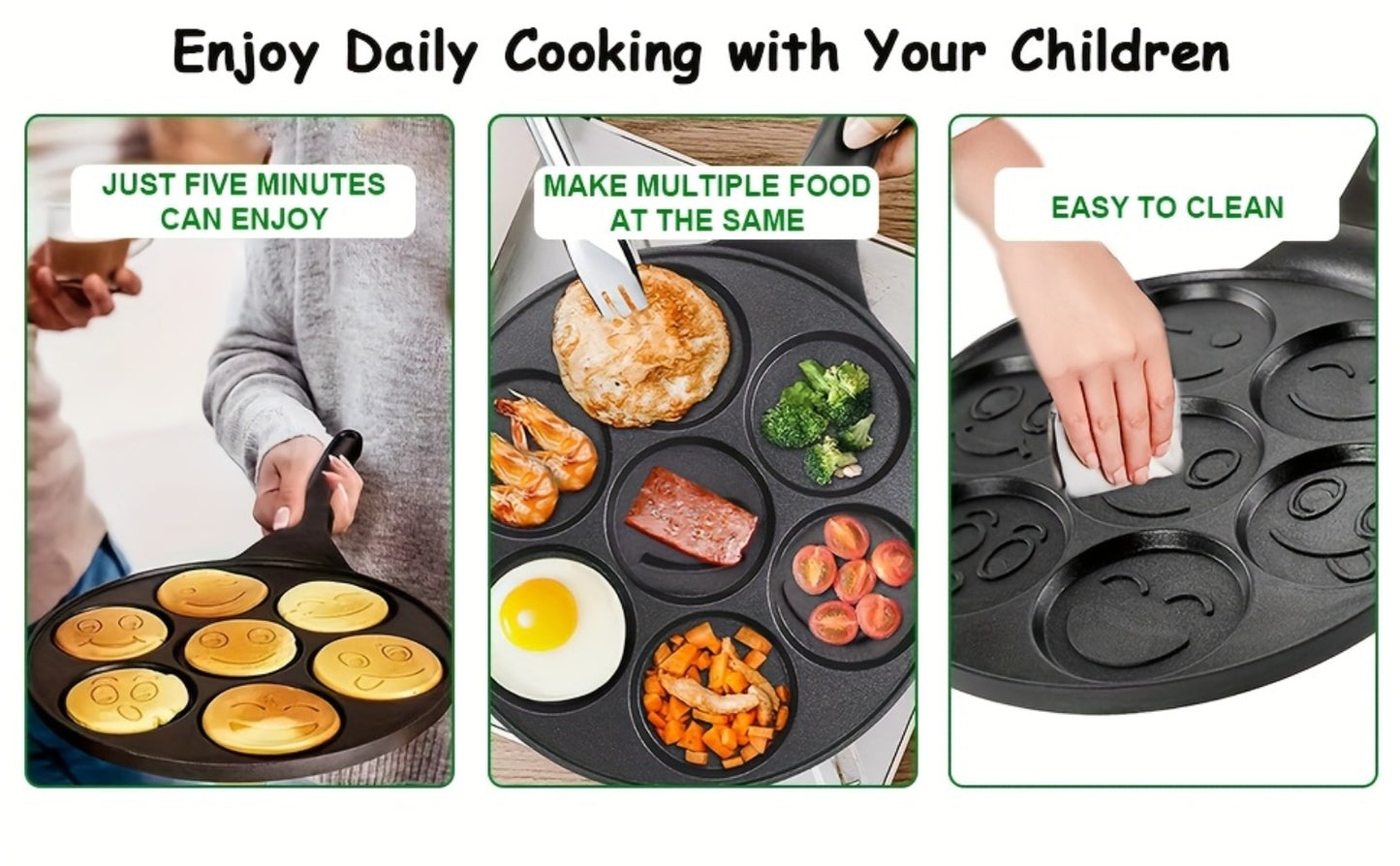 Non-Stick Pancake Pan 7-Hole Smiley Face – Fun Breakfast Egg & Bacon Frying Tray for Kids & Family, Easy to Clean, Mini Pancake Maker Baking Pan Kitchen Cooking Tool