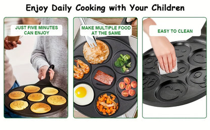 Non-Stick Pancake Pan 7-Hole Smiley Face – Fun Breakfast Egg & Bacon Frying Tray for Kids & Family, Easy to Clean, Mini Pancake Maker Baking Pan Kitchen Cooking Tool