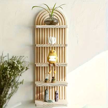 Boho Wooden Wall Shelf Floating Plant Shelf – 3 or 5 Tier Oval Hanging Flower Pot Rack, Minimalist Bedroom Living Room Storage Display Shelf, Wall-Mounted Wood Decor for Home & Apartment