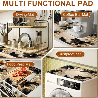 Gas Stove Protector Mat Luxury Black Gold Floral | Heat-Resistant Stain-Proof Cooktop Cover | Reusable for Induction Cooker, Glass Cooktop, Oven & Washer Dryer Top