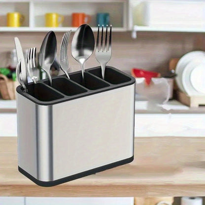Utensil Holder Stainless Steel Cutlery Organizer 4-Compartment Countertop Caddy Anti-Slip Drain Holes for Kitchen Forks Knives Spoons Chopsticks