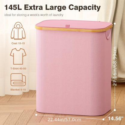 Laundry Hamper with Lid - 145L Extra Large 3-Section Fabric Sorter with Removable Washable Bags & Bamboo Handles, Pre-Sorting Labels, Pink Laundry Basket for Bedroom, Bathroom, Dorm & Home Organization