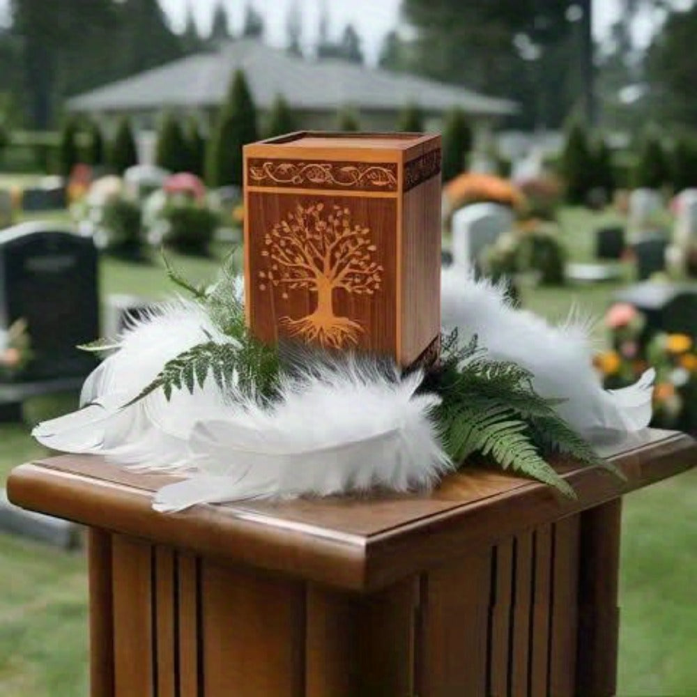 Cremation Urns for Human Ashes Adult – Wood Tree of Life Memorial Urn Box 200 Cu In for Men Women Child Burial Funeral Keepsake Holds Adult Ashes Fits Pets Cat Dog