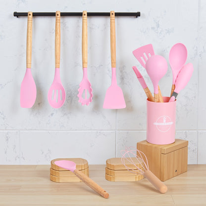 Silicone Kitchen Utensil Set 12PCS with Wooden Handle - Heat Resistant Non-Stick Safe Cooking Spatula Spoon Turner Tongs Brush with Holder for Home Restaurant Gift