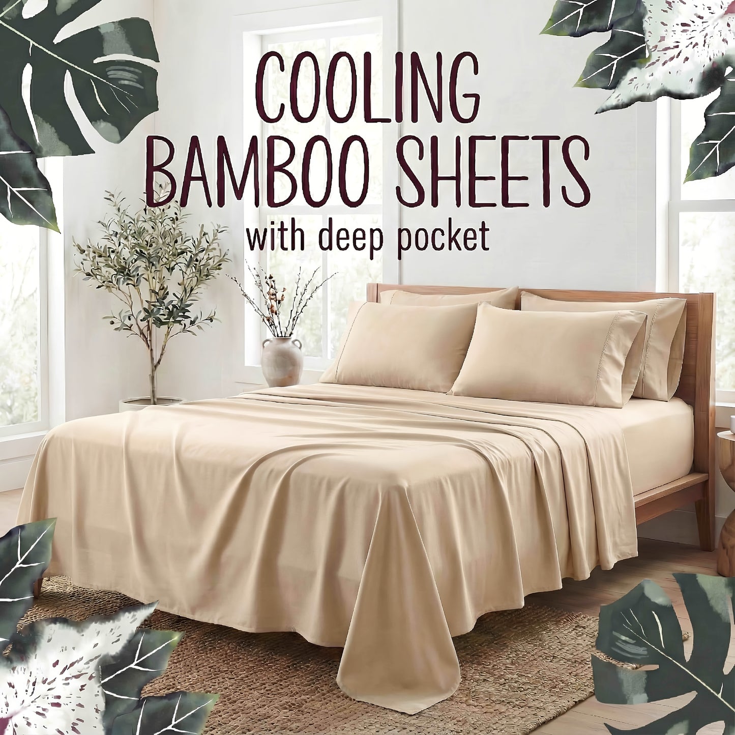 Bamboo Fiber Bed Sheet Set 4-Piece – Cooling Sheets, Hypoallergenic, Deep Pocket Fitted Sheet, Wrinkle-Free Bedding for All Seasons, Twin Full Queen King