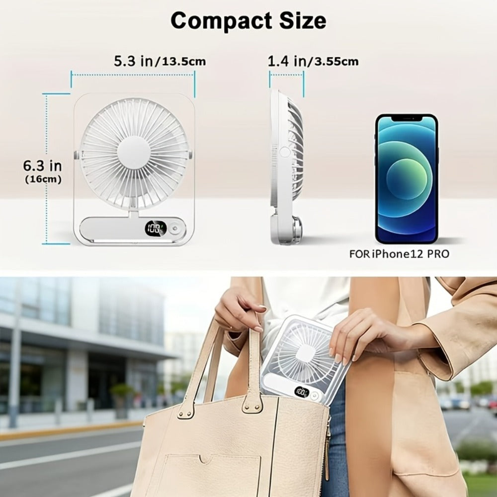 Portable USB Desktop Fan 3000mAh Battery, Ultra-Quiet 5-Speed Foldable Fan with 180° Adjustable Tilt and Digital Power Display, Small Personal Cooling Fan for Home, Office and Travel