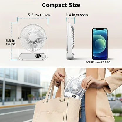 Portable USB Desktop Fan 3000mAh Battery, Ultra-Quiet 5-Speed Foldable Fan with 180° Adjustable Tilt and Digital Power Display, Small Personal Cooling Fan for Home, Office and Travel