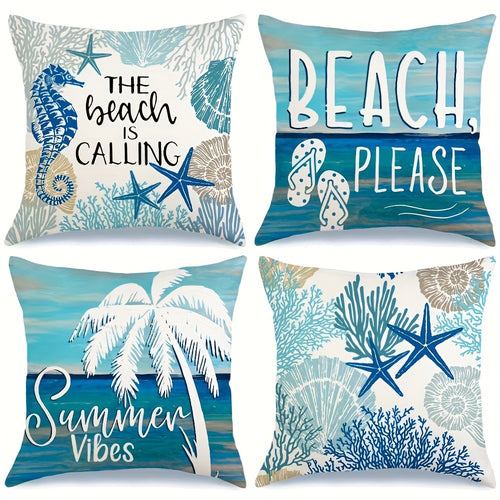 4pcs Ocean Beach Coastal Throw Pillow Covers 18x18in - Marine Life Shells Starfish Seahorse Turtle Decorative Pillowcase Set with Zipper Machine Washable for Summer Home Decor