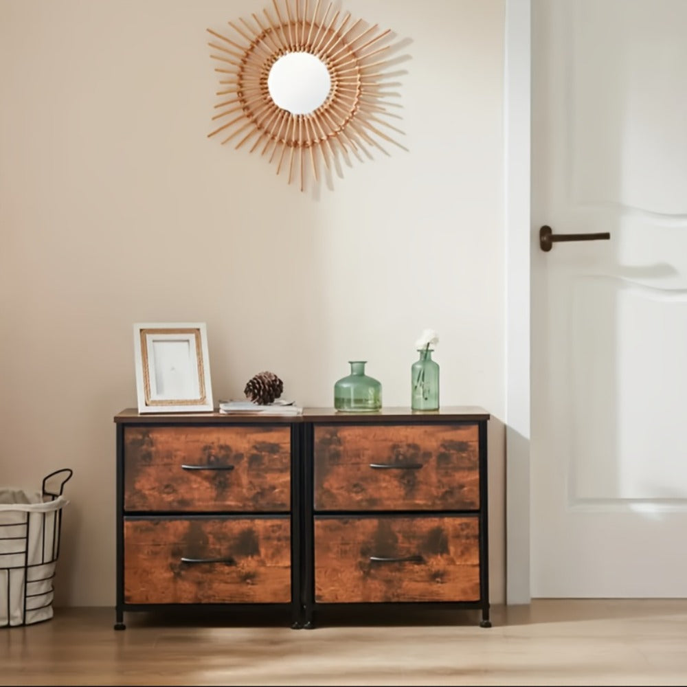 Nightstand with 2 Storage Drawers, 20" Bedside Table with Wooden Top & Fabric Cabinet, Steel Frame Mini Dresser for Bedroom, Dorm, Living Room – 1pc or Set of 2pcs, Black White Grey Rustic Brown