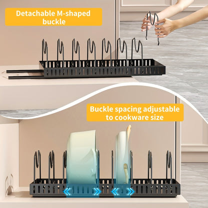 Pull Out Pot and Pan Organizer for Cabinet - Sliding Lid Rack with 8 Adjustable Dividers for Kitchen Cabinet Storage, Drill-Free Installation Pan Holder for Lids Baking Sheets and Cookware, Available in 1 or 2 Pack in Black or White