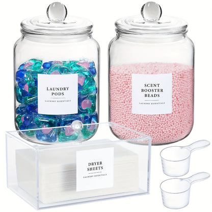 Airtight Glass Jars with Lids Labels and Spoons Half Gallon Storage Canisters for Laundry Detergent Pods Scent Booster Beads Kitchen Pantry Organization Food Safe Wide Mouth 1 2 3 4 Pack