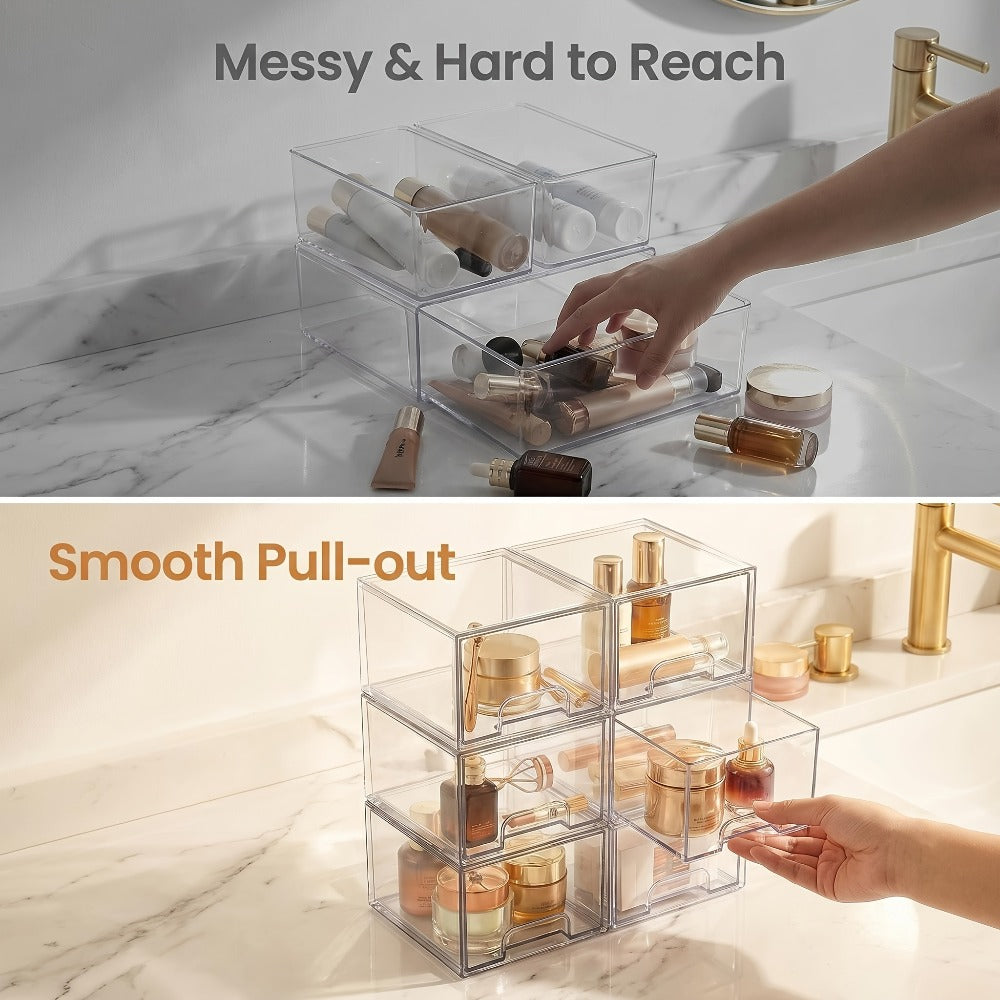 Clear Stackable Storage Drawers 8 Pack – Acrylic Bathroom Organizer Bins with Pull-Out Handle, BPA-Free Plastic Makeup Storage for Vanity, Kitchen, Pantry, Home Organization