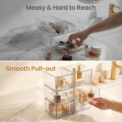 Clear Stackable Storage Drawers 8 Pack – Acrylic Bathroom Organizer Bins with Pull-Out Handle, BPA-Free Plastic Makeup Storage for Vanity, Kitchen, Pantry, Home Organization